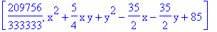 [209756/333333, x^2+5/4*x*y+y^2-35/2*x-35/2*y+85]